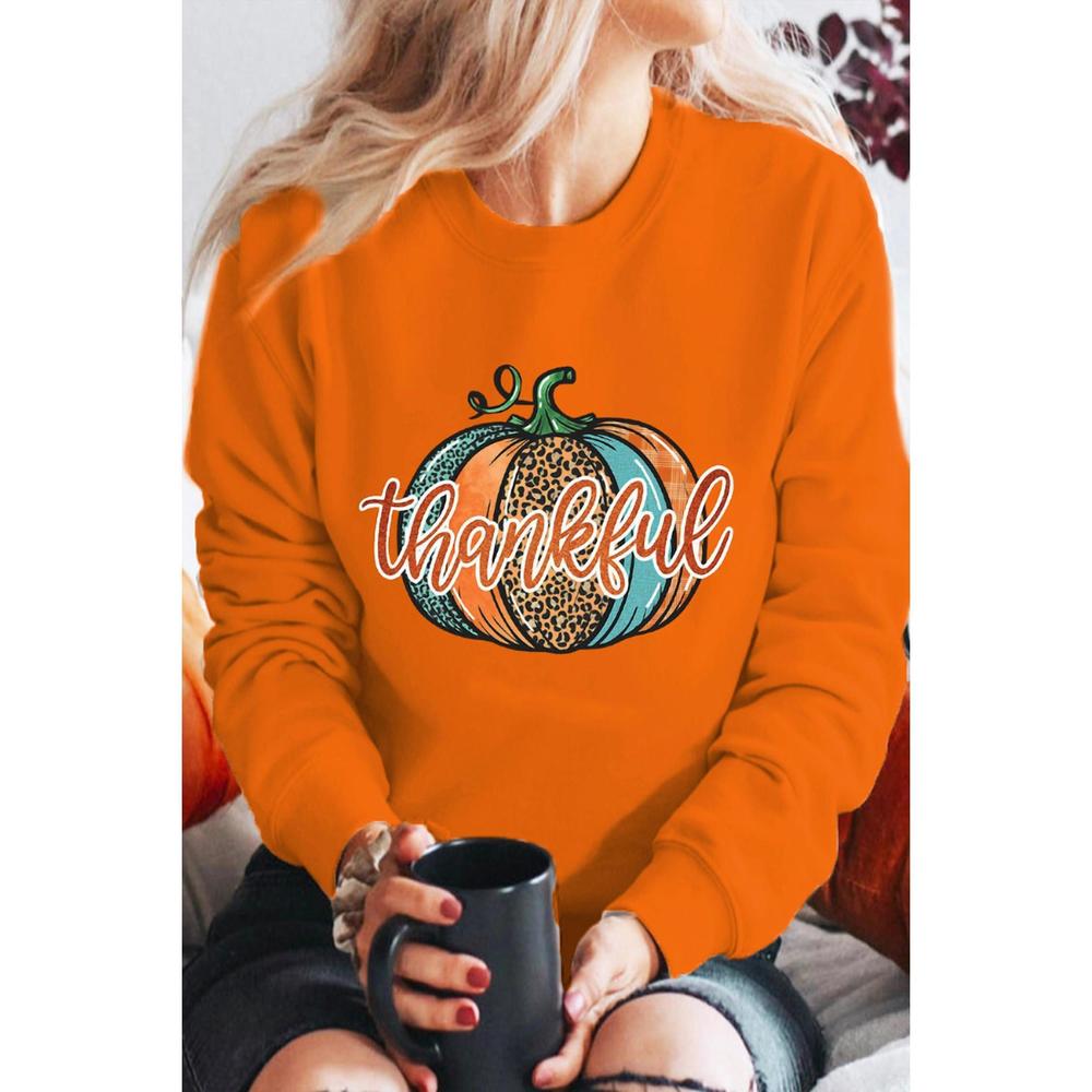 NEW SHEWIN leopard pumpkin graphic sweatshirt in orange